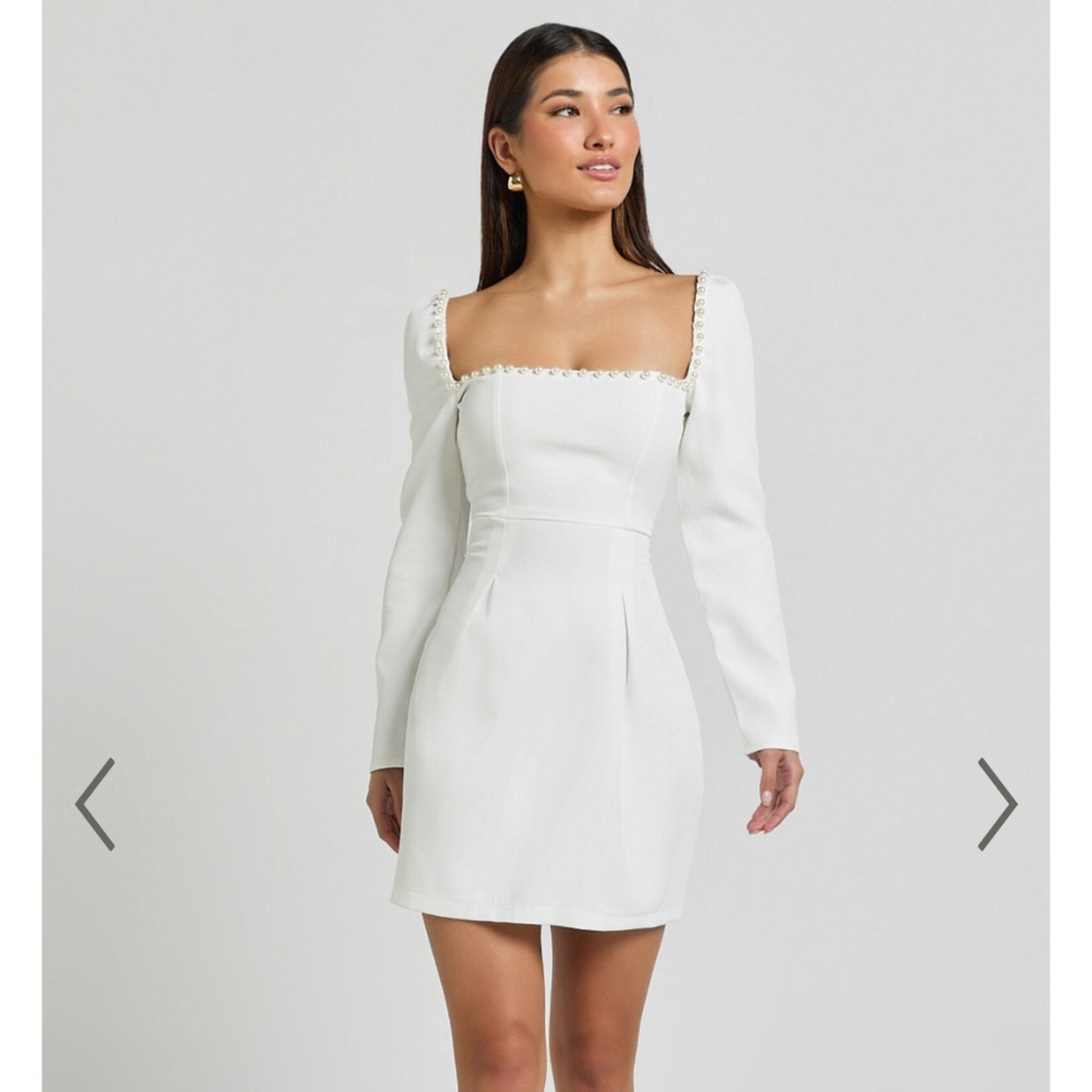 EDELYN MINI DRESS - SQUARE NECK LONG SLEEVE A LINE DRESS IN WHITE
